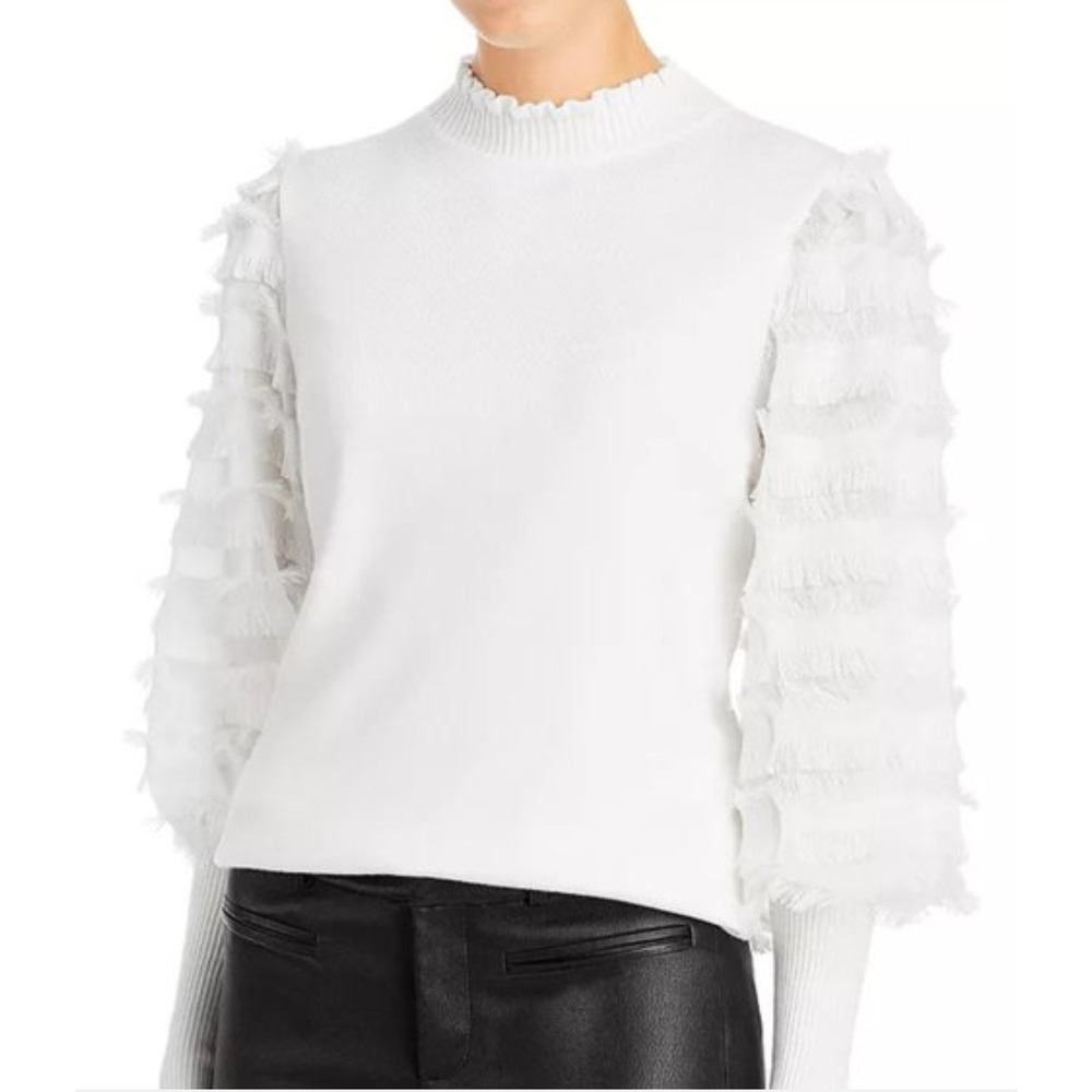 Sioni white fringe trim mock neck knit top Size Sm Boho Feminine Retro Glam